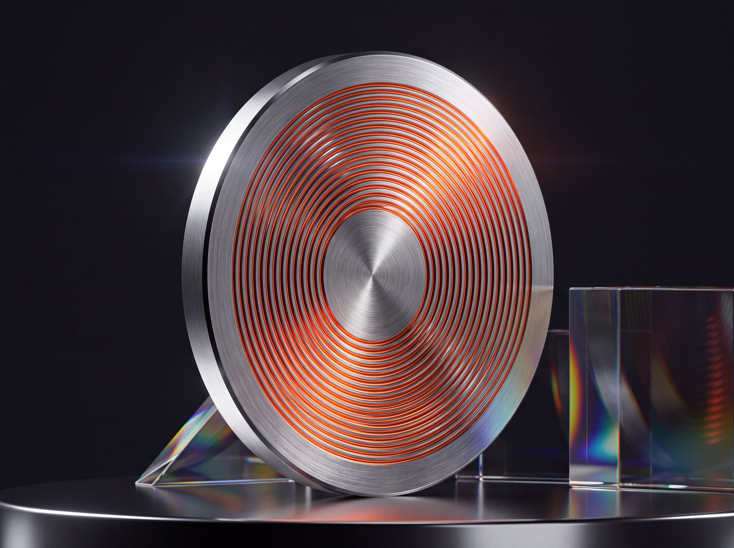 Metallscheibe mit kupferfarbener Spiralwicklung, an eine Kabeltrommel erinnernd