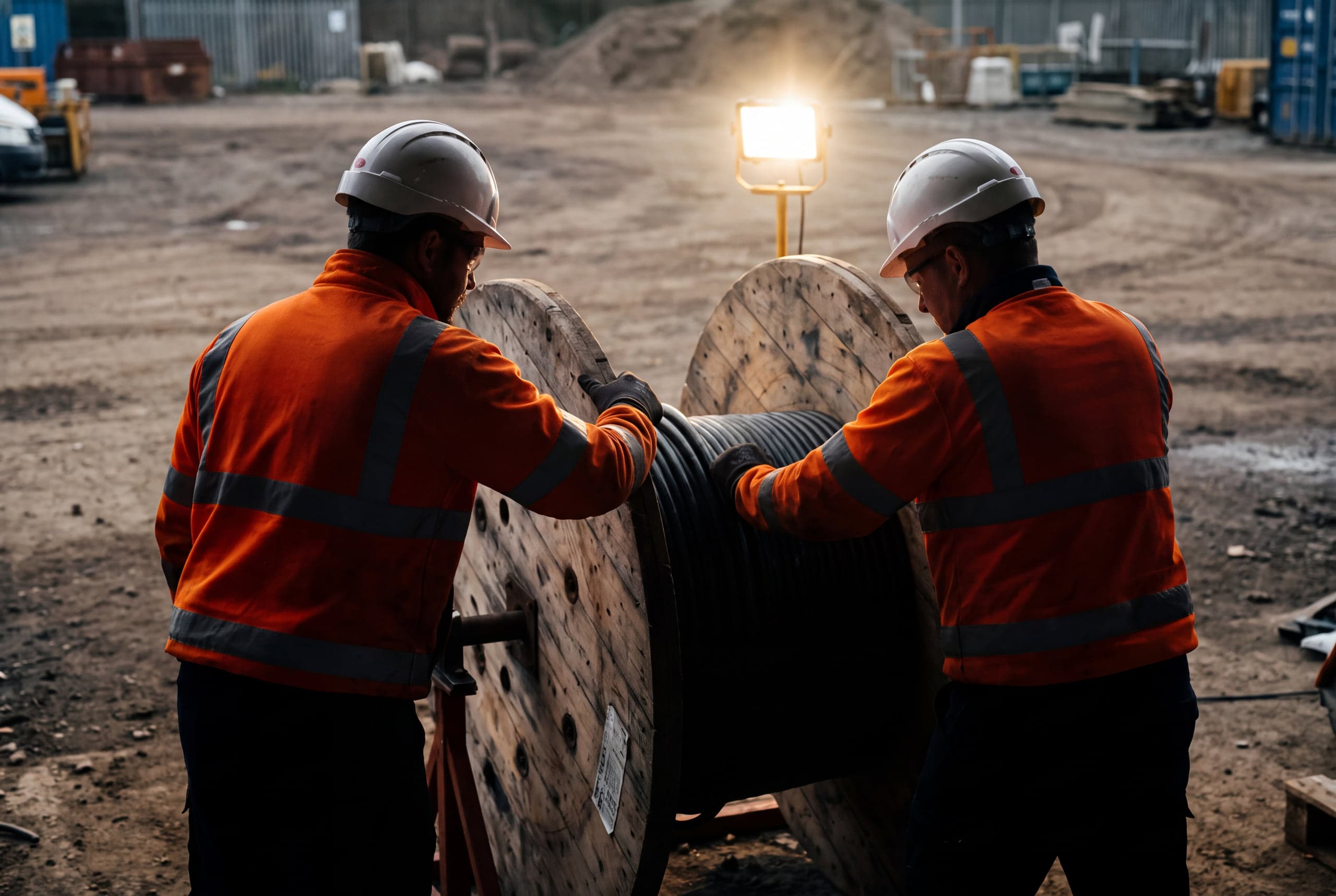 Zwei Techniker in orangefarbener Warnkleidung an einer Kabeltrommel auf einer Baustelle in der Dämmerung