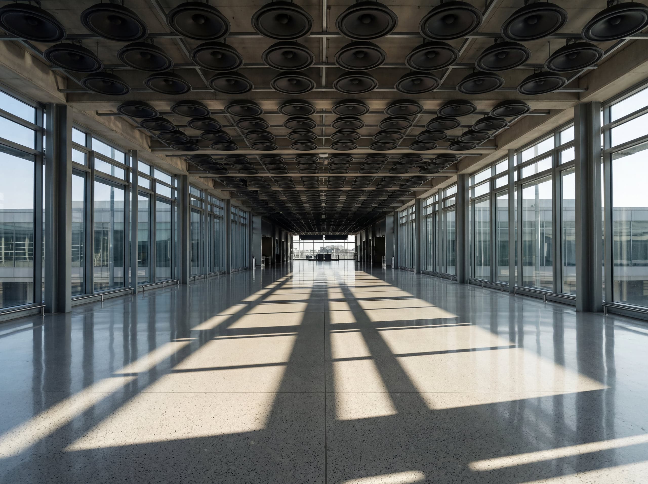Lichtdurchflutete Bahnhofshalle mit Deckenlautsprechern in regelmäßigen Reihen