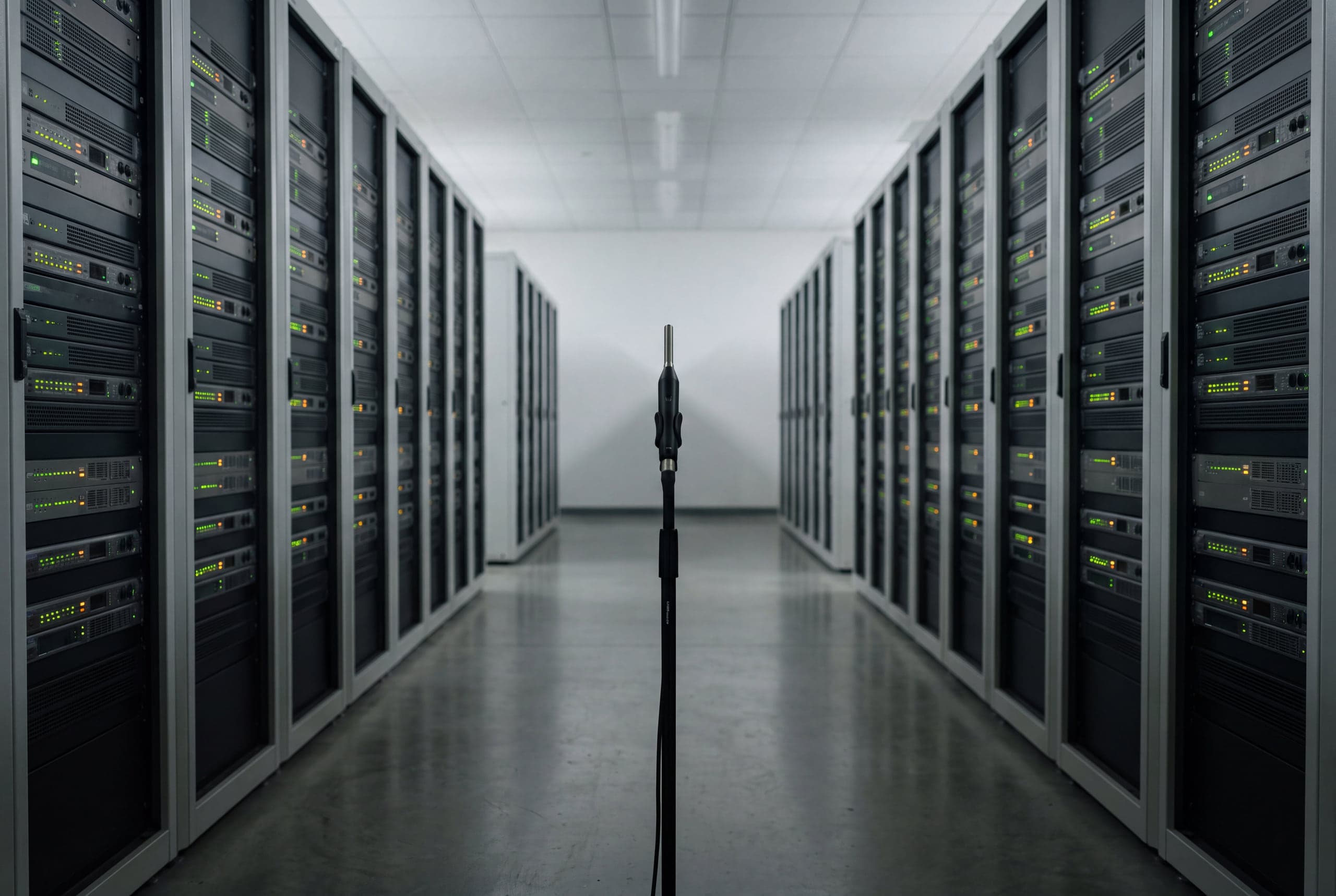Technikraum mit Verstärkerracks und Messmikrofon bei der Abnahmemessung einer Sprachalarmanlage